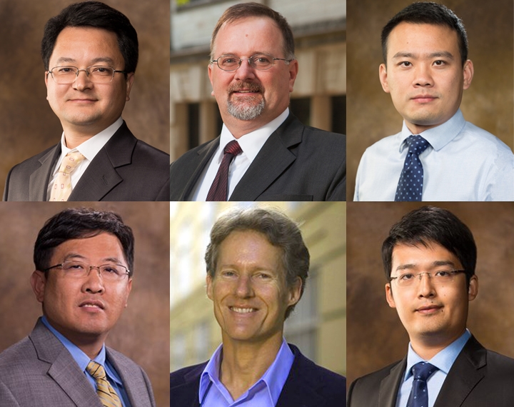 University of Arkansas team, left to right, top: Haitao Liao, Ed Pohl, Xiao Liu; bottom, Xintao Wu, Roy McCann and Yue Zhao.