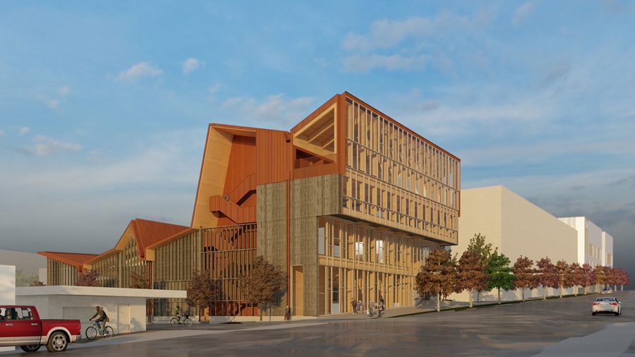 Exterior view rendering of current design of the Anthony Timberlands Center for Design and Materials Innovation, at the University of Arkansas - part of the Fay Jones School of Architecture and Design.