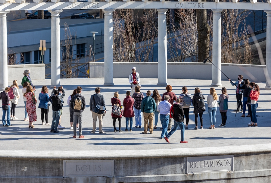 Honors Path Scholar Ahmad Pace Jr. discusses the "Dixie" Protests at the Greek Theater during a tour of Black student experiences on the U of A campus last spring.