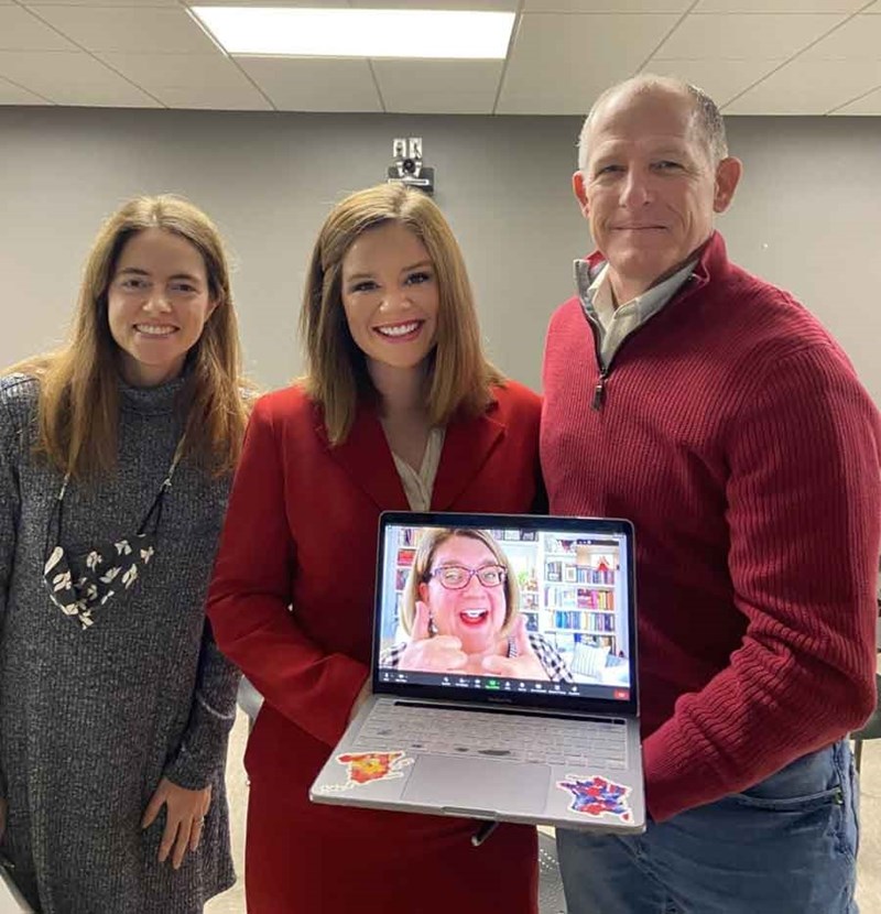 Pictured from left: Lora Walsh, assistant professor in religious studies; Karli Stringer, master's student in AECT; Jefferson Miller, professor in AECT; and on monitor, Jill Rucker, assistant professor in AECT.