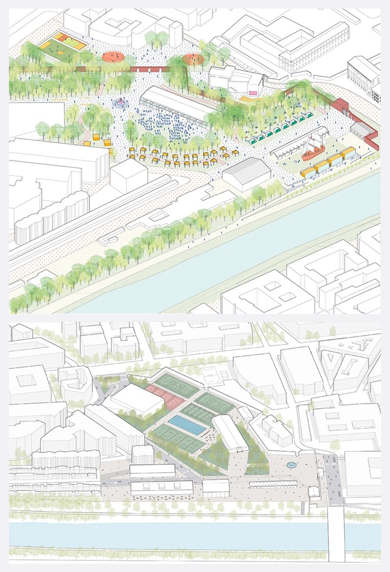 The designs "Social Parkway," at top, and "River Retail & Recreation," at bottom, took the top two prizes in the 2021-2022 International Competition presented by L'Art Urbain dans les Territoires. Both designs are by student teams in the Fay Jones School of Architecture and Design. 