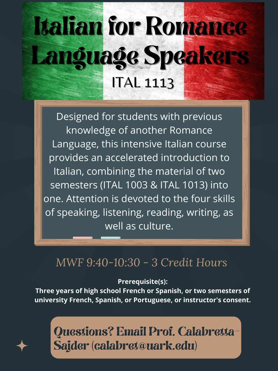 New Course: Italian for Romance Language Speakers I (ITAL 1113) 