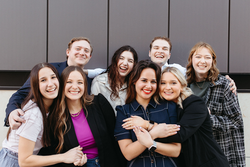 Back row, from left: Beau Russell, field producer; Ella Marshall, digital content manager; Ben Sawyers, station manager; Elena Thompson, news director. Front row: Camryn Johnson, sports director; Kye Kocher, volunteer coordinator; Yael Even, field producer; Allyson Roach, assistant news director.