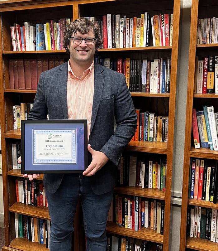 Dr. Trey Malone was awarded the 2022 Graduate Advisor Award from the Northeastern Agricultural and Resource Economics Association.