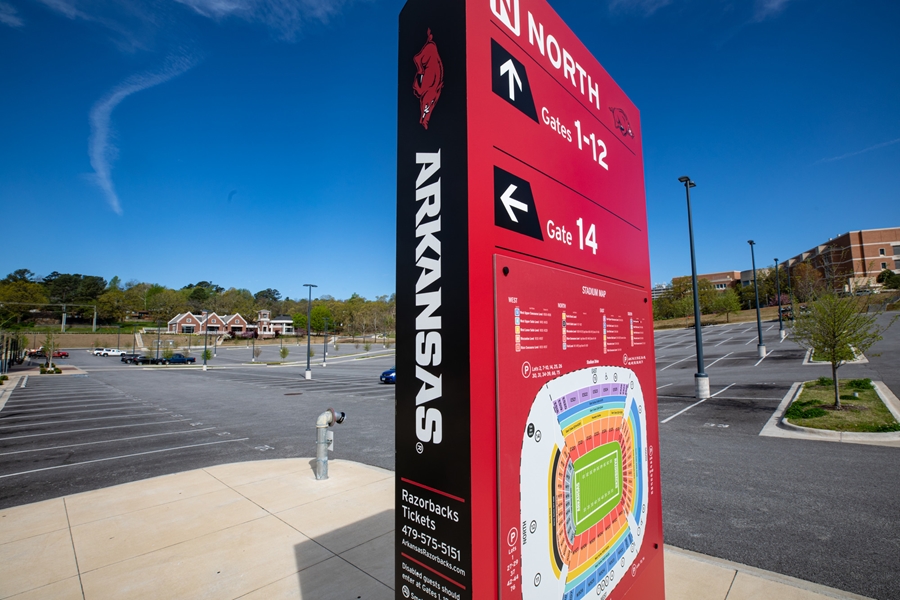 Lot 44 located on the north side of Donald W. Reynolds Razorback Stadium is one of many parking lots around campus that will need to be vacated prior to each home Razorback football game.