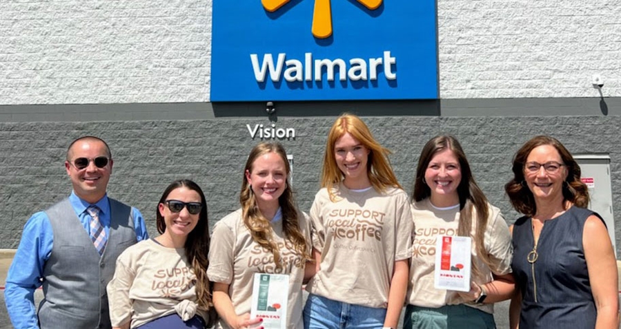 From left: Adam Stoverink, Bridgett Skeirik, Anna Snodgrass, Cornelia Swardh, Peyton Boxberger and Cindy Moehring celebrate the placement of Montay Coffee in several Northwest Arkansas Walmart locations.