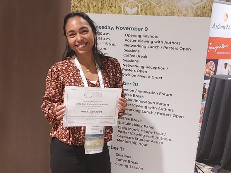 Ana Gonzalez, a Bumpers College Ph.D. food science student, has now won the Cereals & Grains Association Carbohydrate Division Best Student Research Presentation for a poster in 2022 and 2020.