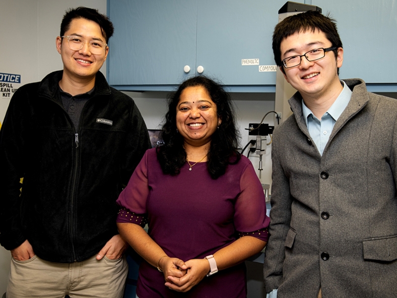 The research team includes, from left, Yihong Feng, Swarna Sethu, and Dongye Wang.