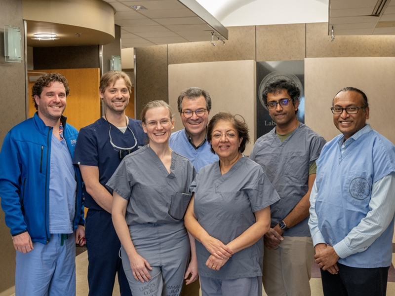 From left: UAMS surgeons Mark Tait, John Bracey and Erika Petersen, and ANS Group members James Abbas, Ranu Jung, Sathyakumar Kuntaegowdanahalli and Anil Thota.