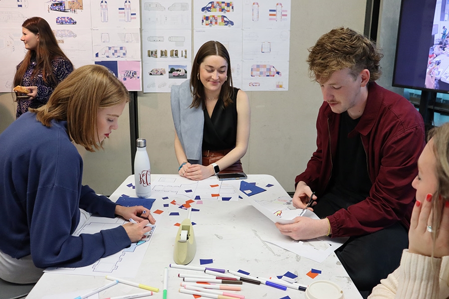Fay Jones School of Architecture and Design students get creative in May 2022 during their final reviews for the design studio "Pop-Up: A Mobile Community Art Lab for CB to You!," led by Charles Sharpless an assistant professor of interior architecture and design.