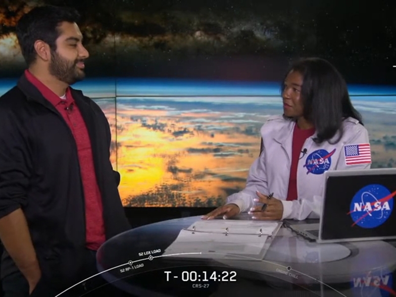 U of A doctoral student Samuel Cano interviewed by Jasmine Hopkins, public relations specialist with NASA, before the launch of SpaceX Falcon 9 carrying ARKSAT-1.