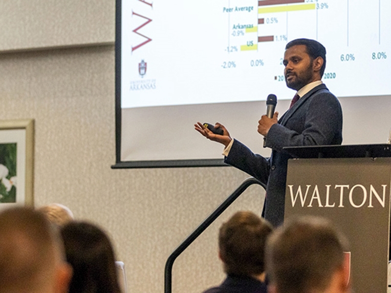 U of A economist Mervin Jebaraj will address regional economic trends and issues at the Business Analysis luncheon on June 8, 2023, in Fayetteville. Registration for the luncheon is required by June 2.