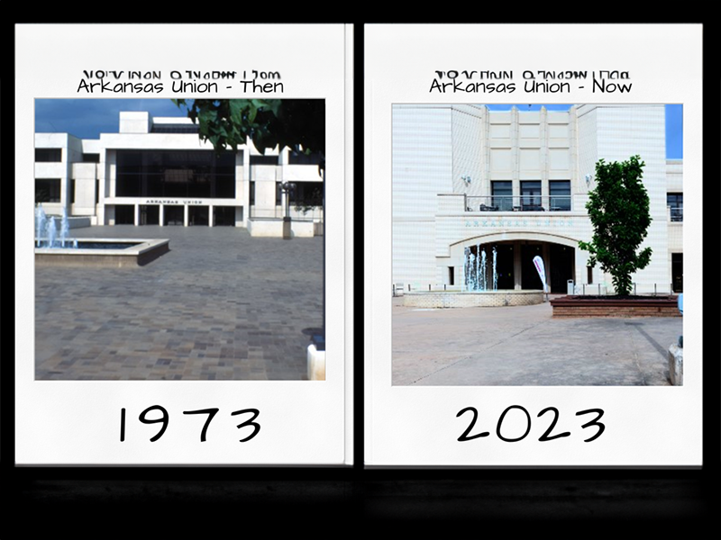 The front doors of the Arkansas Union, shown in 1973 and again in 2023