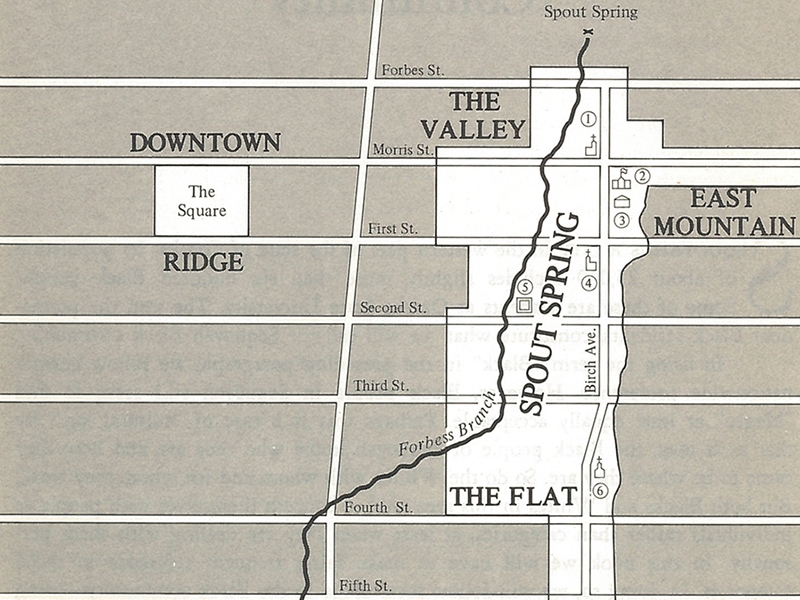 Detail of a map in the 1971 book "Spout Spring: A Black Community" by Peter H. Kunkel, a Black former University of Arkansas professor, and Sara Sue Kennard, as part of the Case Studies Series in Cultural Anthropology. The book is about the neighborhood east of downtown Fayetteville that the U of A Community Design Center and collaborators are mapping in a project funded with an NEA grant.