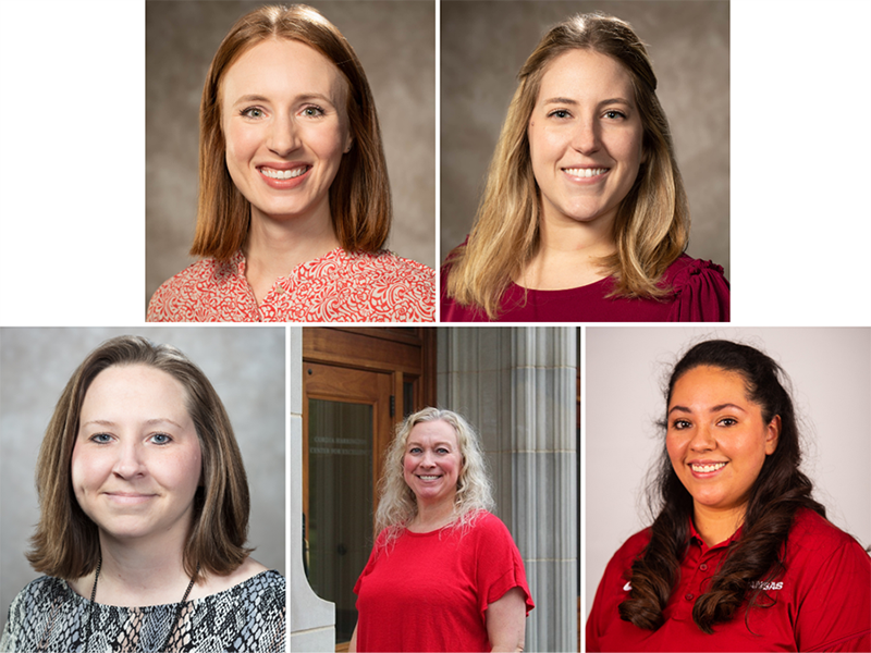 Outstanding Staff Service Award recipients, clockwise from top left, are: Kay Brusca, Kirsten Christian, Anaid Espinosa, Andrea Howard, and Brandi Maples.