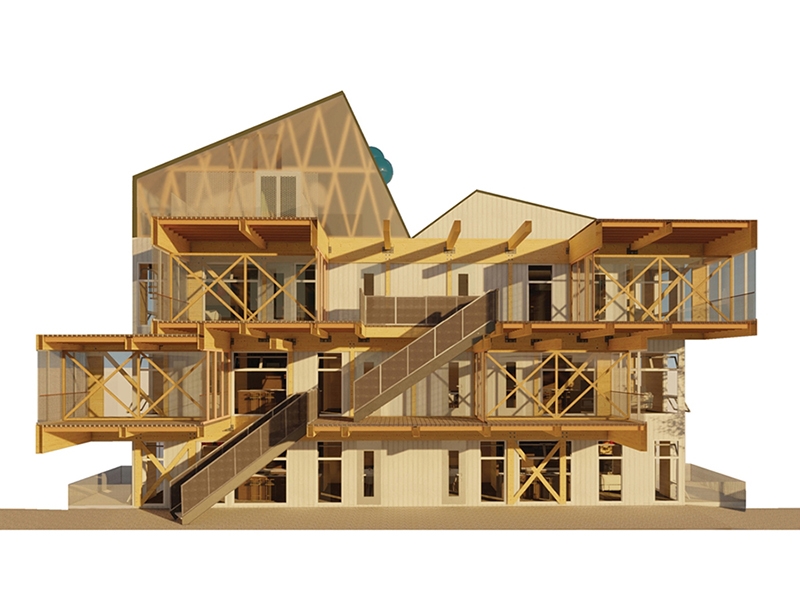 Stacked glulam trusses – made of rectangular rather than triangular frames – expand the living space of these garden apartments through patios, screened porches or roof terraces.  This design is from "Wood City: putting the building blocks of the city on wood," a previous project of the U of A Community Design Center, also supported by Weyerhaeuser.
