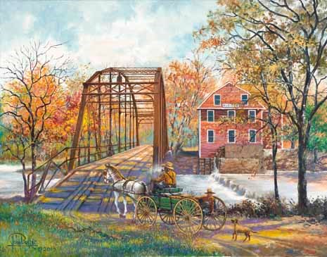 The bridge and mill at War Eagle. Painting by John Bell, used in film